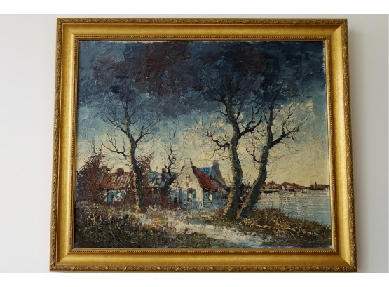 House Scene Vintage Oil On Canvas  Signed Lower Left -sHIPPABLE