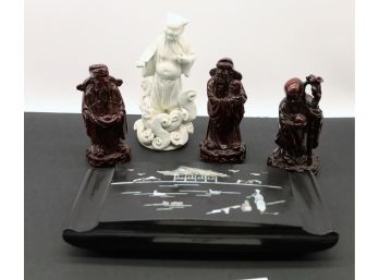 Four Assorted  Chinese Statues & Lacquer Mother Of Pearl Box -SHIPPABLE