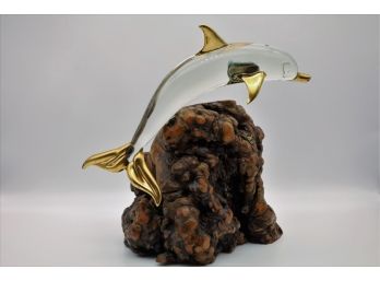 Glass Dolphin With 22k Gold Trim On A Wood Base -SHIPPABLE