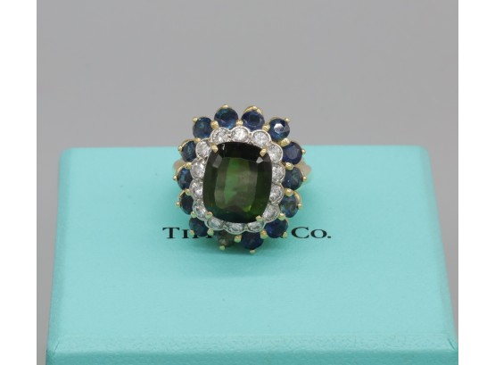 Spectacular 18k TIFFANY AND CO TOURMALINE, SAPPHIRE, AND DIAMOND Ring