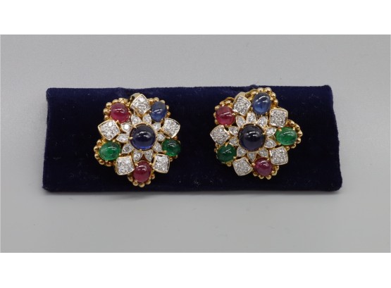 18K Gold Diamond & Tri-Color Precious Stones Earrings-Shippable