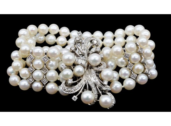 14K Four Strand Pearl & Diamond Elegant Bracelet -shippable