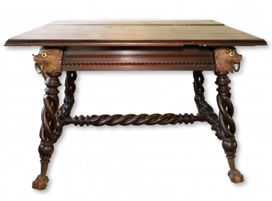 Antique Writing Table With Lion Head Finials And Twisted Legs