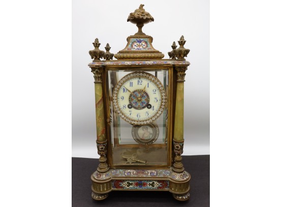 Antique French  Enamel Cloisonne Champleve With Onyx,  Mounted Clock