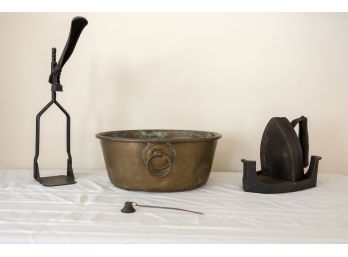 Grouping Of Antique Everyday Needs With Copper Basin, Wine Press, Iron, And Snuffer