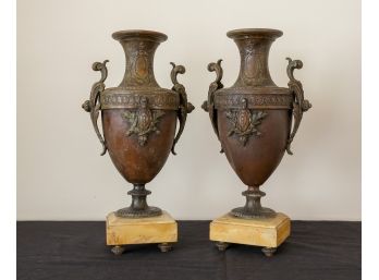 Pair 19th Century  Mantel Urns  On Marble Bases