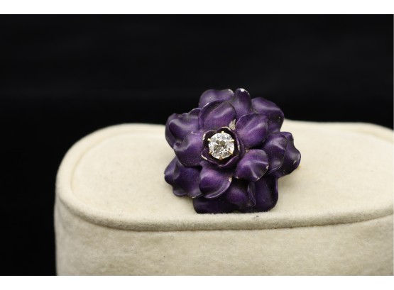 Vintage 14k Enamel Flower  And Diamond Pin- Shippable