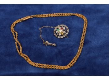 Vintage 14k Rope Chain, Pin With Diamonds.ruby,sapphire,citrine-shippable