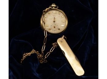 Antique 14k Yellow Gold Pocket Watch With 14k Fob & Knife -shippable