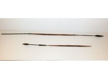 Vintage Pair Of Long Bladed Spears Set In Wooden Shafts