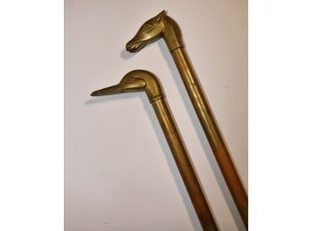 2 Vintage Collectible Walking Sticks  - Brass Horse Head & Brass Duck Head