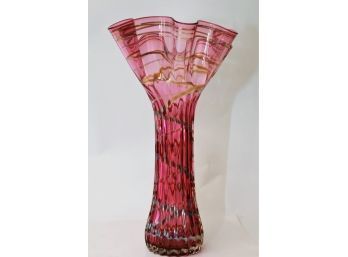 Vintage Studio Art Glass Vase Pink Iridescent Swirl Design Signed 'Mensch'