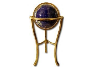 Blue Lapis Gemstone World Globe With Brass Floor Stand