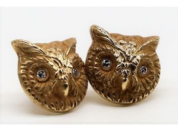 Uniquely Beautiful 14k Gold Owl Earrings With Diamond Eyes-SHIPPABLE