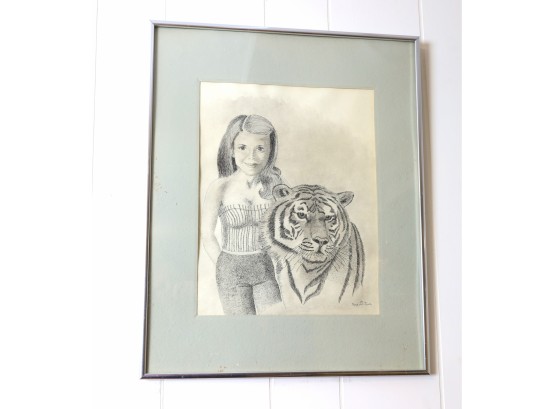 Vintage Pen & Ink By Maria DiNicola Girl With Tiger - Signed -SHIPPABLE