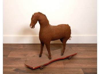 19TH C . MOHAIR PLATFORM HORSE PULL TOY