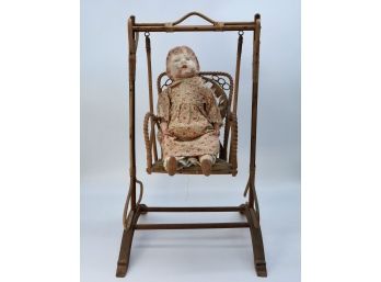 ANTIQUE WICKER SWING AND DOLL -SHIPPABLE