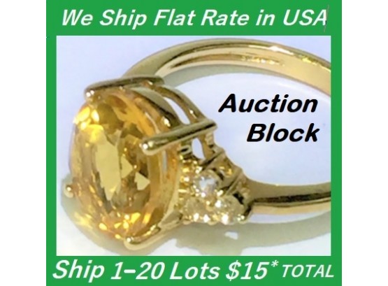10k Gold Ring.  Amazing Brilliance Genuine Citrine & White Topaz Gems Gemstones! Size 7