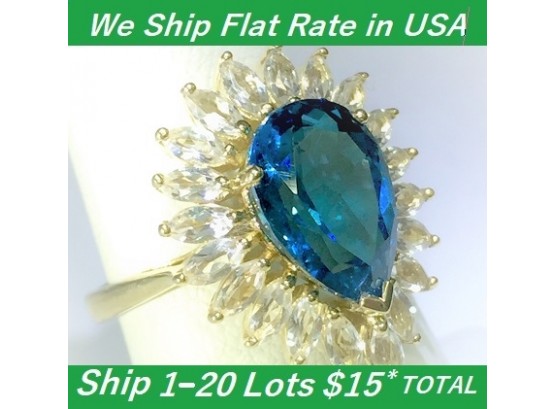 Big 10K Intense Blue Topaz With Halo Ring.  Over 6 Grams.  Estate, Size 7