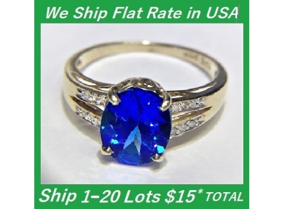 10K Gold Ring With Big Blue Center & Many Side Diamonds Estate. Size 7