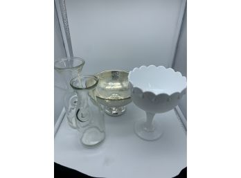 Milk Glass, Carafes, Silver Mercury Glass Candy Dish