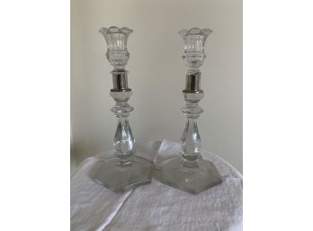 Crystal Candlesticks With Silver Bands