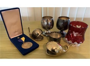 Lot Of Silver Plate Snifters, Cup, Brass Whales And A Medal
