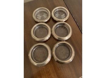 6 Vintage Glass And Silver Trimmed Coasters