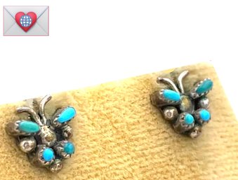 Antique Vintage Native Zuni Silver Turquoise Petit Point Butterfly Earrings