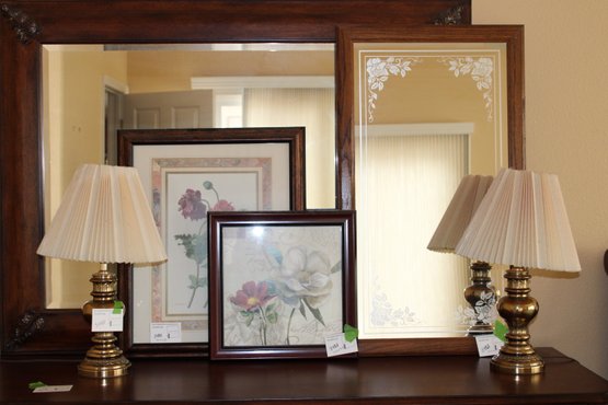 Two Small Brass Lamps With Pleated Shades, Two Floral Framed Prints, Wood Framed Mirror
