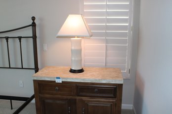 Drexel Heritage Pine Wood And Travertine Stone Top Nightstand And Lamp