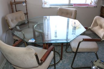 Vintage Glass Octagon Table And Chairs With Brass And Wood Accents