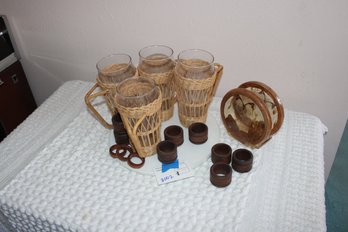 Vtg Wicker Cup Holders With Handles And 16 Oz Drinking Glasses Vintage Lucite Napkin Holder MCM Summer Patio