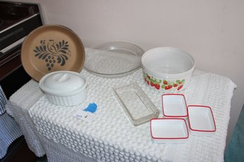Action (Japan) 'Strawberries & Cream' Round Souffle Dish, Vintage United Serving Trays, Pflatzgraff Pie Plate