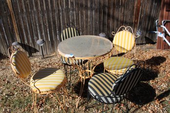 Vintage Outdoor Metal And Glass Bistro Table And Striped Chairs