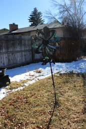 Tall Yard Art Spinner And Two Blue Flower Pots