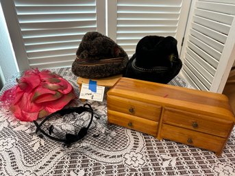 Wooden Jewelry Box And Vintage Hats