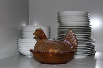 Antique Gold/Amber Glass Hen On Nest Candy/dishbowl And China