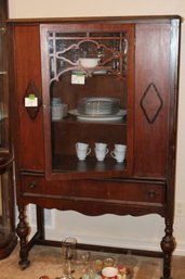 Antique China Cabinet With Wood Fretwork And Glass Door