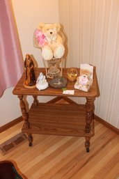 Wood Accent Table With Shelves On Wheels With Decor Including Rare Seton Pottery Bal-Maiden Statue