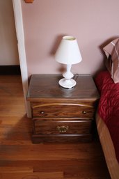 Wood Nightstand And Vintage Hobnail Milk Glass Lamp