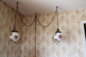Vintage Hanging Floral Rose White Double Globe Lamp Electric Cord