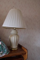 Pair Of MCM-Style Ginger Jar Table Lamp, Painted White Inside, Glass And Brass, Ribbed Glass