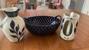 Williamsburg Pottery Pitcher And Candle Holder & Rare Cobalt Blue Lattice Woven Ceramic Bowl