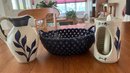 Williamsburg Pottery Pitcher And Candle Holder & Rare Cobalt Blue Lattice Woven Ceramic Bowl