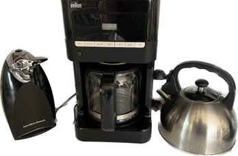 Braun Coffeemaker, Hamilton Beach Can Opener And Stainless Stovetop Teapot
