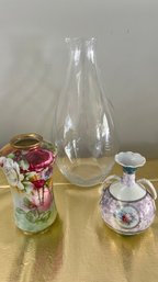 Nippon Hand Painted Rose Vase, Vessel And Large Glass Vase