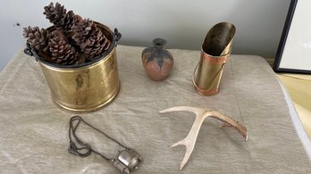 Lot Of 4 Items Copper And Tin Vessels, And Small Bud Vase And Antler