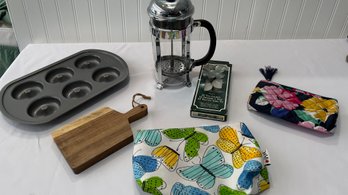 Bodium French Press, Baking Ware,  Mini Wood Cutting Board & Makeup Bags