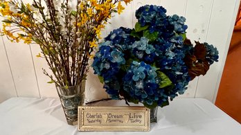 Faux Hydrangeas, Pussy Willow And Homey Sign With GORGEOUS VASES!